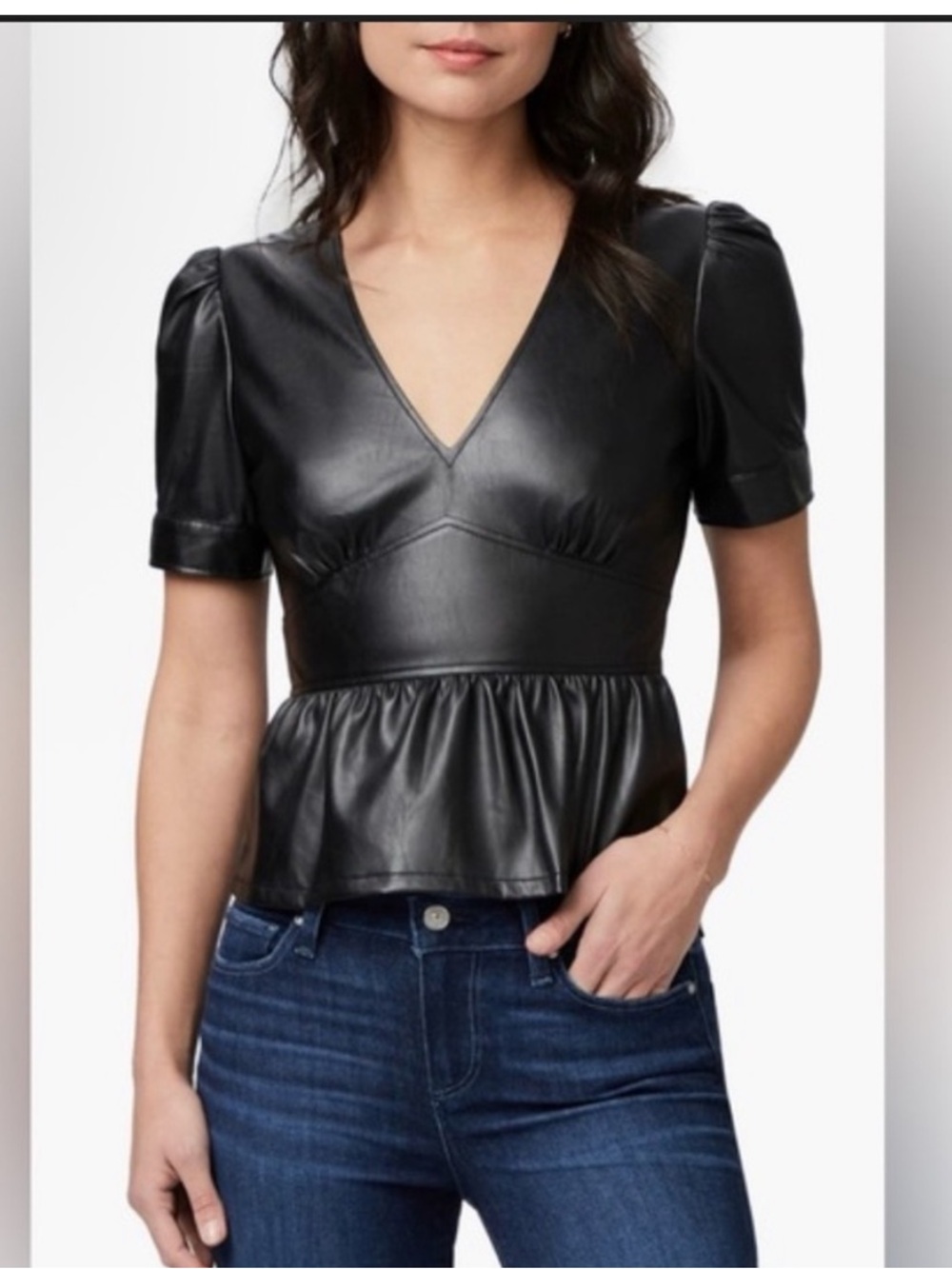 PAIGE Black Faux Leather V-Neck Peplum Top rue 12
